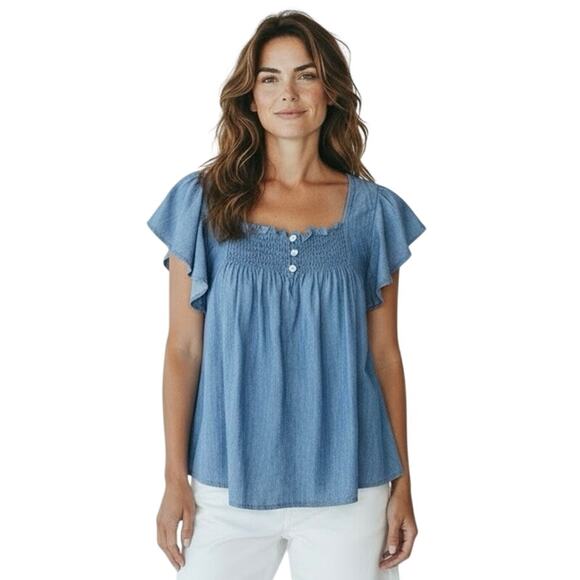 Draper James Tops - DRAPER JAMES Women’s Ruffle Cap Sleeve Chambray Boho Peasant Top